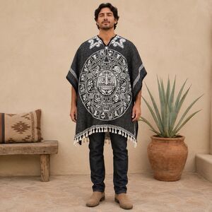 Mexican Aztec Calendar Reversible Poncho Gaban Jorongo Black White Fringe Unisex